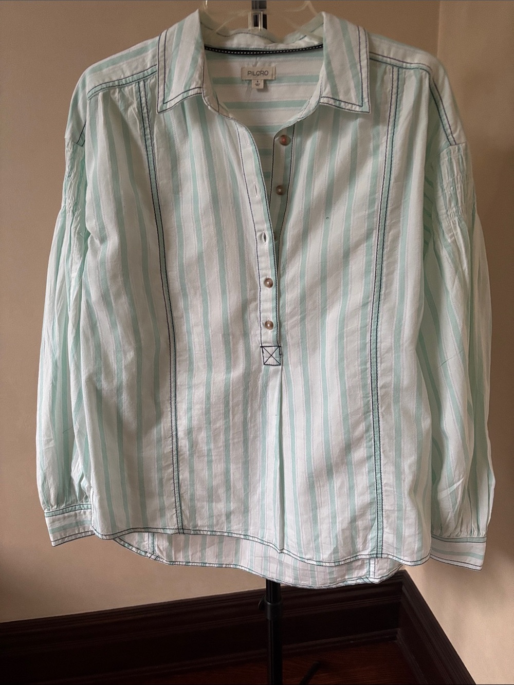 Pilcro Mint and White Stripe Button-Front Casual Shirt